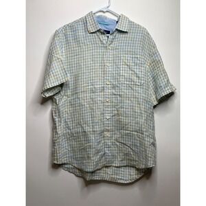 Tommy Bahama Men Size L Yellow Blue Plaid Button Front Linen Short Sleeve Shirt